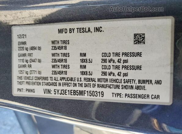 5YJ3E1EB5MF150319 2021 TESLA MODEL Gray Widok komory silnika