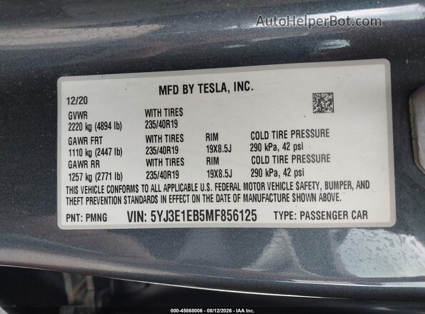 5YJ3E1EB5MF856125 2021 TESLA MODEL 3 Gray ძრავის განყოფილების ხედი