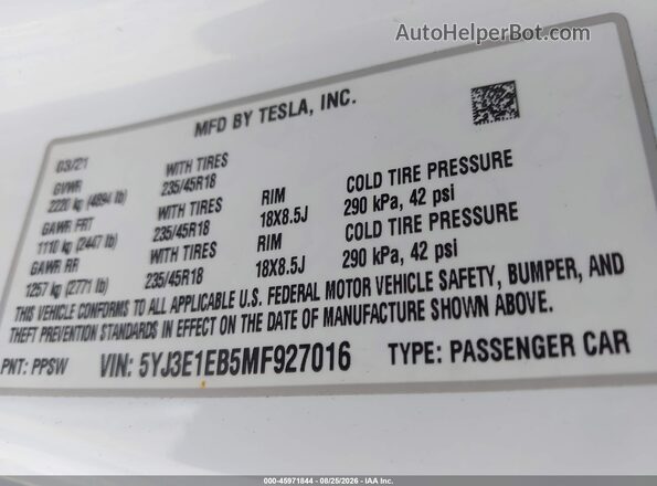 5YJ3E1EB5MF927016 2021 TESLA MODEL 3 White Widok komory silnika