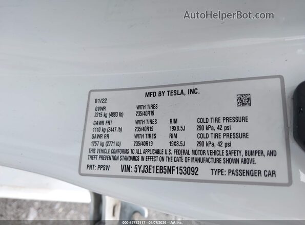 5YJ3E1EB5NF153092 2022 TESLA MODEL 3 White Вид підкапотного простору