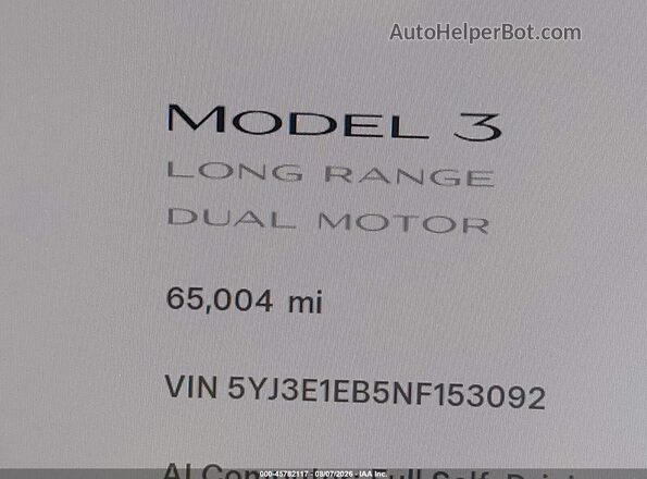 5YJ3E1EB5NF153092 2022 TESLA MODEL 3 White Панорамний вид салону 360°