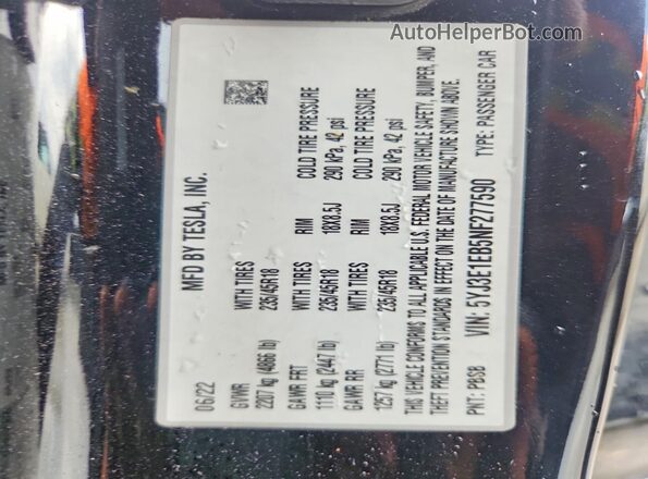 5YJ3E1EB5NF277590 2022 TESLA MODEL Black VIN კოდის სტიკერის ხედი