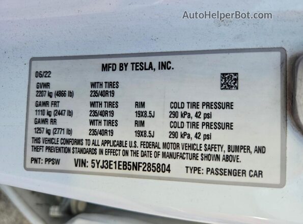 5YJ3E1EB5NF285804 2022 TESLA MODEL White Вид підкапотного простору