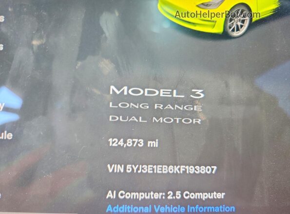 5YJ3E1EB6KF193807 2019 TESLA MODEL White ხელსაწყოთა პანელის ხედი