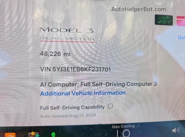 5YJ3E1EB6KF231701 2019 TESLA MODEL Blue Vista del cuadro de instrumentos