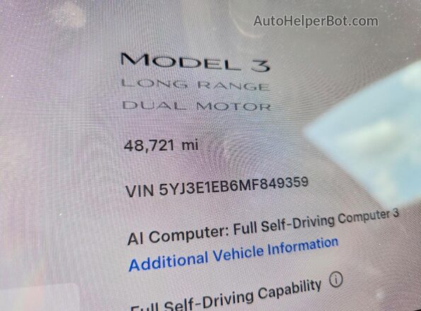 5YJ3E1EB6MF849359 2021 TESLA MODEL White Вид щитка приладів