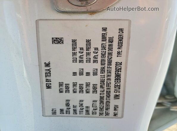 5YJ3E1EB6MF992702 2021 TESLA MODEL Белый Вид подкапотного пространства