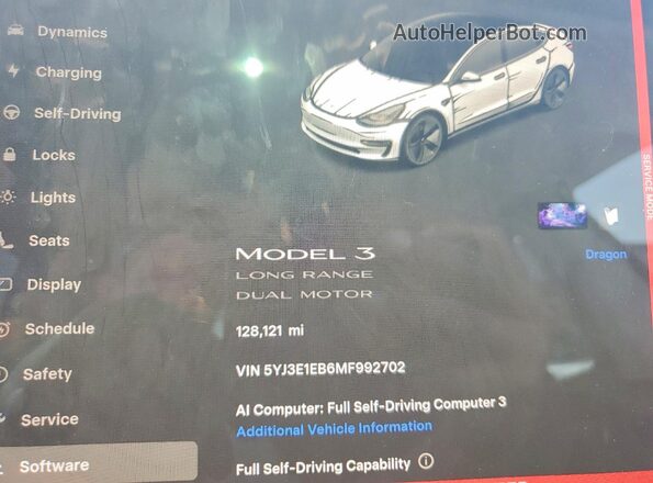 5YJ3E1EB6MF992702 2021 TESLA MODEL Белый Вид щитка приборов