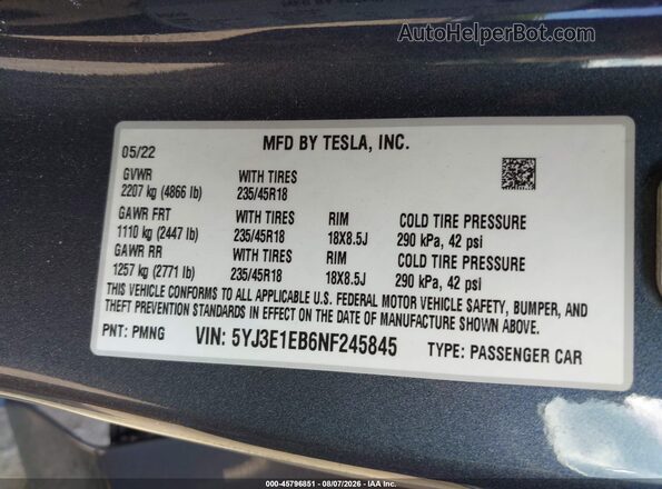 5YJ3E1EB6NF245845 2022 TESLA MODEL 3 Gray Շարժիչի բաժամունքի տեսք