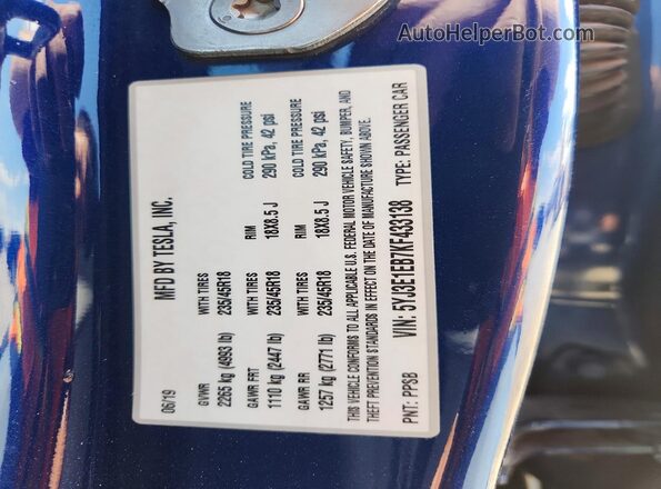 5YJ3E1EB7KF433138 2019 TESLA MODEL Blue Widok naklejki z numerem VIN