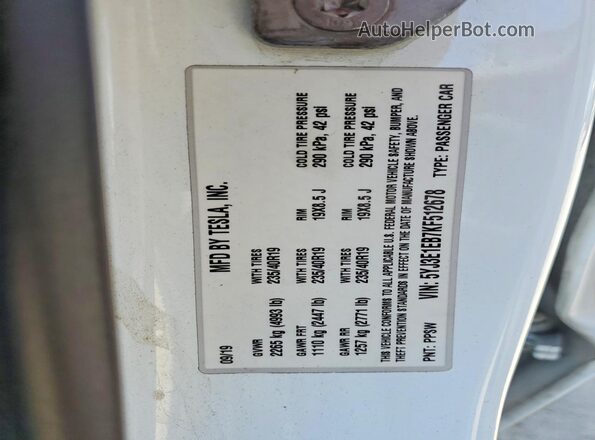 5YJ3E1EB7KF512678 2019 TESLA MODEL White ძრავის განყოფილების ხედი