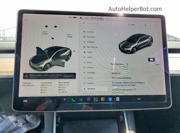 5YJ3E1EB7KF512678 2019 TESLA MODEL White ხელსაწყოთა პანელის ხედი