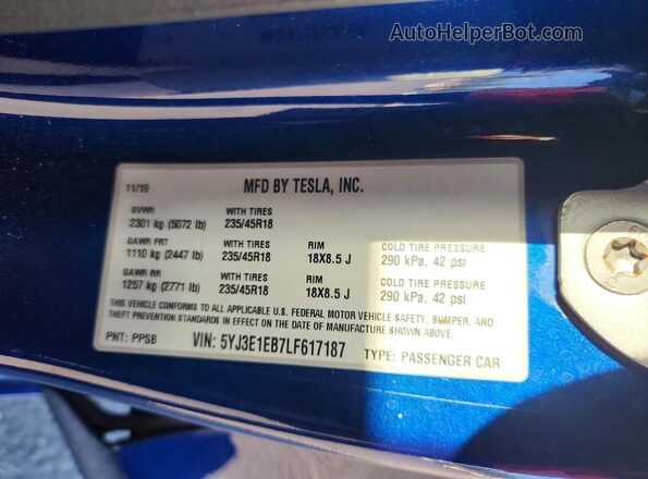 5YJ3E1EB7LF617187 2020 TESLA MODEL Blue Vista del compartimento del motor