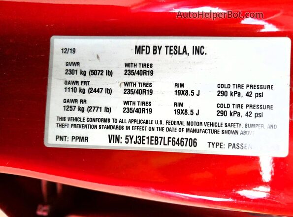5YJ3E1EB7LF646706 2020 TESLA MODEL Red 