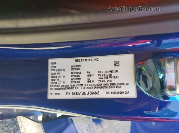 5YJ3E1EB7LF664848 2020 TESLA MODEL Blue Engine compartment view