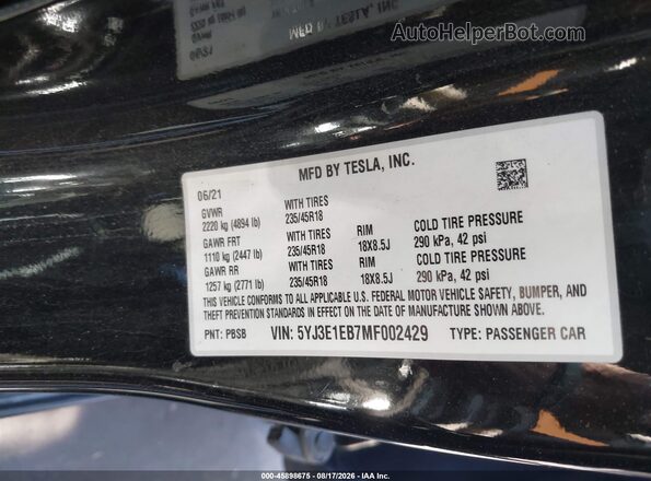 5YJ3E1EB7MF002429 2021 TESLA MODEL 3 Black Vista del compartimento del motor