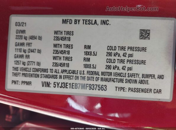 5YJ3E1EB7MF937563 2021 TESLA MODEL 3 Burgundy Вид підкапотного простору