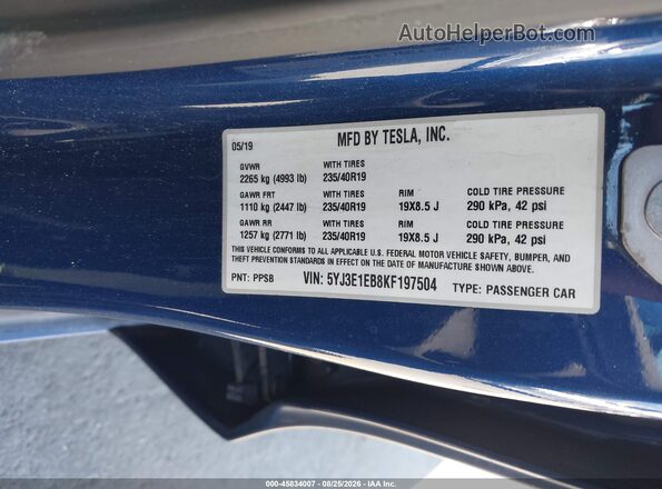 5YJ3E1EB8KF197504 2019 TESLA MODEL 3 Blue Widok komory silnika