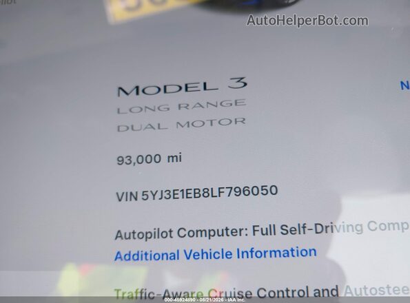 5YJ3E1EB8LF796050 2020 TESLA MODEL 3 Синий Вид задних сидений