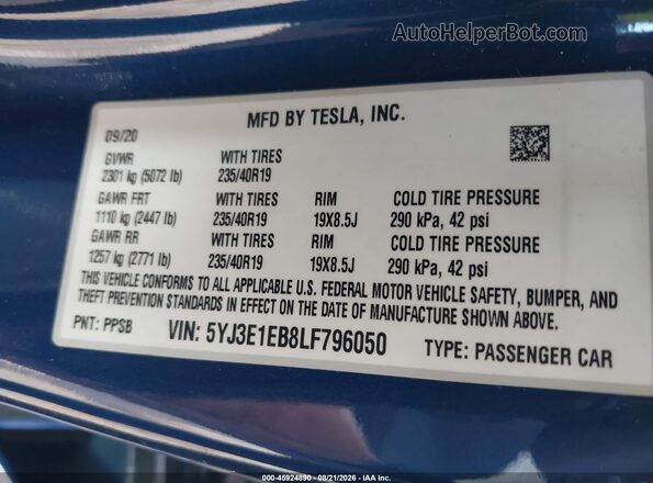 5YJ3E1EB8LF796050 2020 TESLA MODEL 3 Синий Вид подкапотного пространства