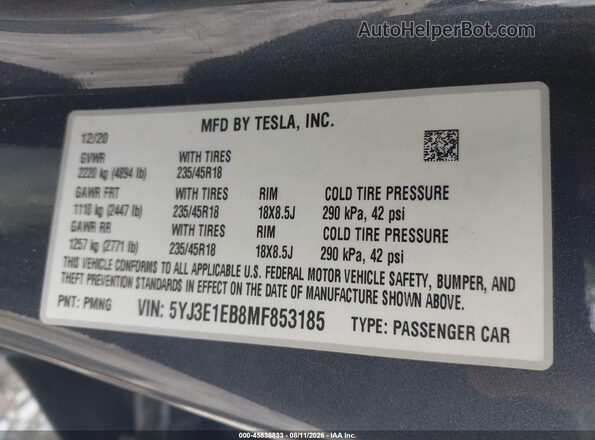 5YJ3E1EB8MF853185 2021 TESLA MODEL 3 Gray Widok komory silnika