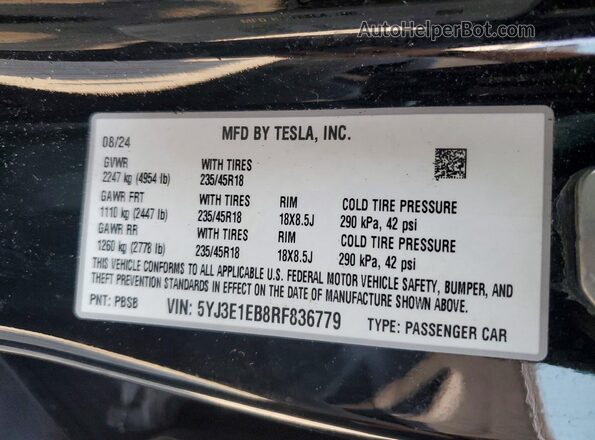 5YJ3E1EB8RF836779 2024 TESLA MODEL Черный Вид подкапотного пространства