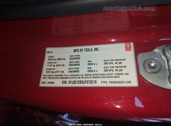 5YJ3E1EB9JF075216 2018 TESLA MODEL 3 Red Շարժիչի բաժամունքի տեսք