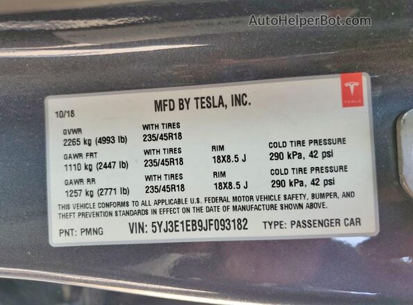5YJ3E1EB9JF093182 2018 TESLA MODEL Gray VIN կոդի պիտակի տեսք