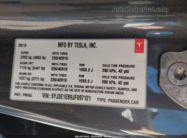 5YJ3E1EB9JF097121 2018 TESLA MODEL 3 Серый Вид подкапотного пространства