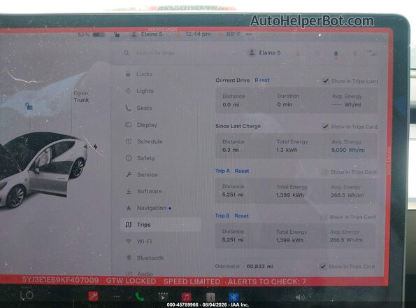 5YJ3E1EB9KF407009 2019 TESLA MODEL 3 White Widok tylnych siedzeń