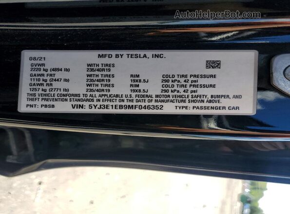 5YJ3E1EB9MF046352 2021 TESLA MODEL Black Vista del compartimento del motor