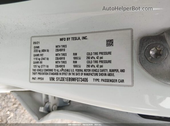 5YJ3E1EB9MF073406 2021 TESLA MODEL 3 Белый Вид подкапотного пространства