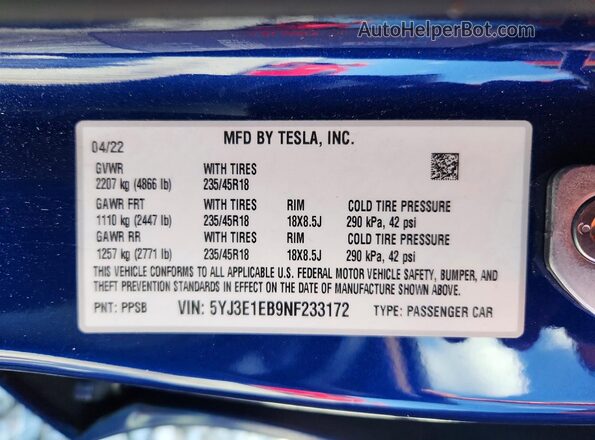 5YJ3E1EB9NF233172 2022 TESLA MODEL Blue VIN կոդի պիտակի տեսք