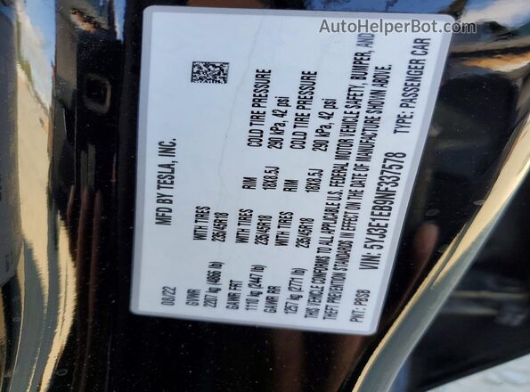 5YJ3E1EB9NF337578 2022 TESLA MODEL Black VIN կոդի պիտակի տեսք