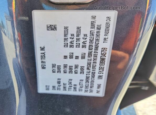 5YJ3E1EB9NF345759 2022 TESLA MODEL Угольный Вид подкапотного пространства