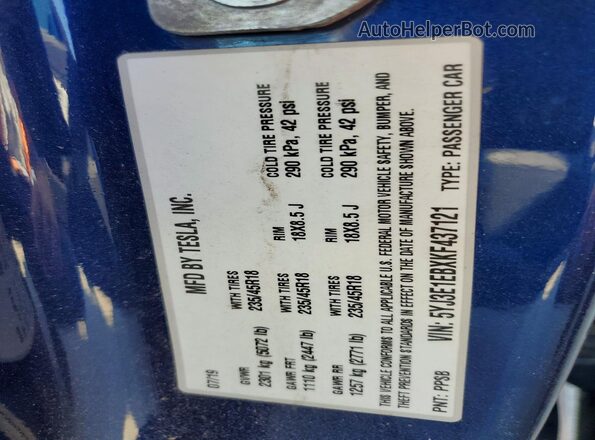 5YJ3E1EBXKF437121 2019 TESLA MODEL Blue Շարժիչի բաժամունքի տեսք
