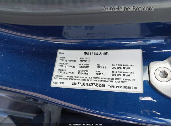 5YJ3E1EBXKF450516 2019 TESLA MODEL 3 Blue Engine compartment view