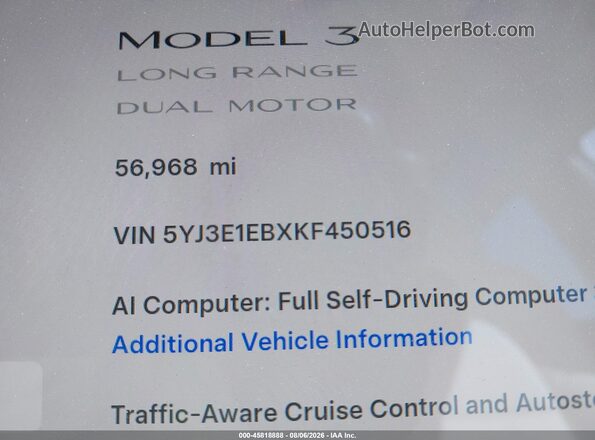 5YJ3E1EBXKF450516 2019 TESLA MODEL 3 Blue 
