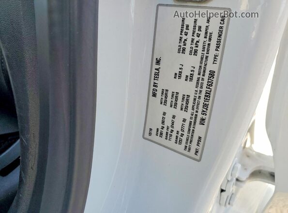 5YJ3E1EBXLF637580 2020 TESLA MODEL White VIN კოდის სტიკერის ხედი