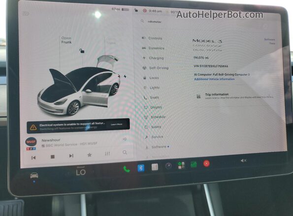 5YJ3E1EBXLF795644 2020 TESLA MODEL White ხელსაწყოთა პანელის ხედი