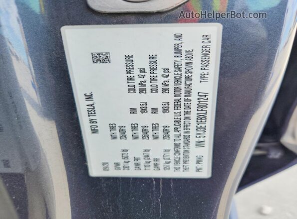 5YJ3E1EBXLF801247 2020 TESLA OTHER Серый Вид наклейки с VIN-кодом