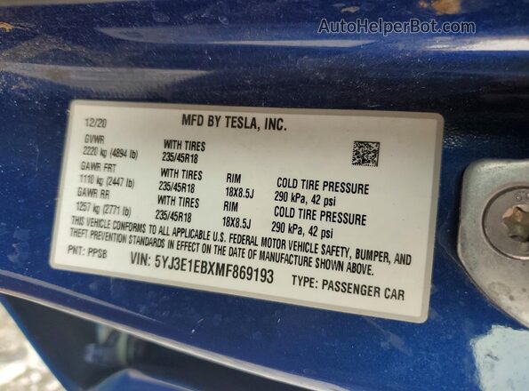 5YJ3E1EBXMF869193 2021 TESLA MODEL Blue Vista de la etiqueta del VIN