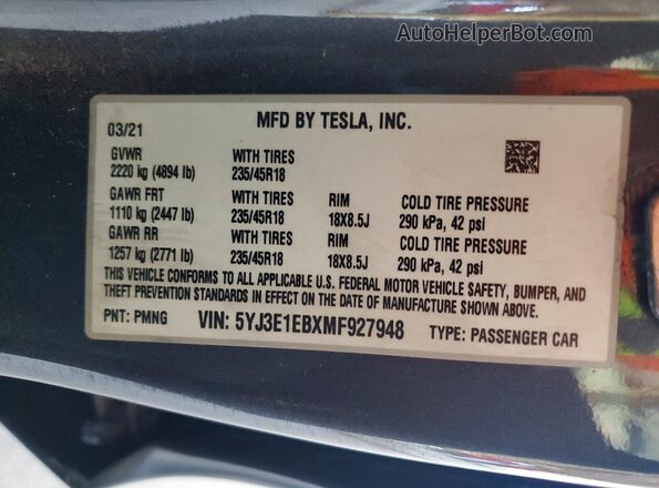 5YJ3E1EBXMF927948 2021 TESLA MODEL Серый Вид подкапотного пространства