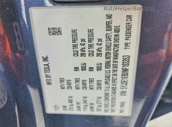 5YJ3E1EBXNF103353 2022 TESLA MODEL Charcoal ძრავის განყოფილების ხედი