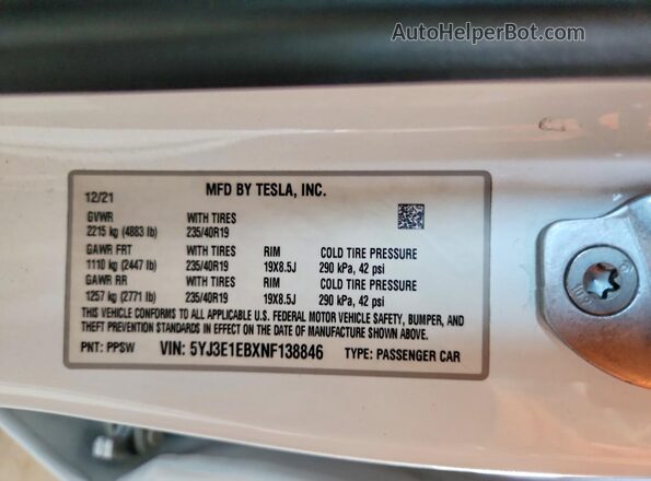 5YJ3E1EBXNF138846 2022 TESLA MODEL White VIN կոդի պիտակի տեսք