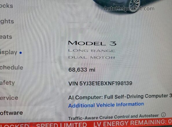 5YJ3E1EBXNF198139 2022 TESLA MODEL Gray Vista del cuadro de instrumentos