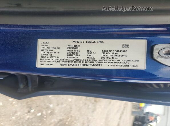 5YJ3E1EBXNF246691 2022 TESLA MODEL Blue Շարժիչի բաժամունքի տեսք