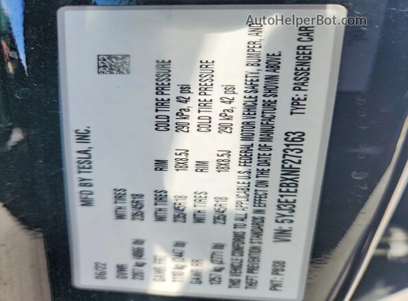 5YJ3E1EBXNF273163 2022 TESLA MODEL Black Widok naklejki z numerem VIN