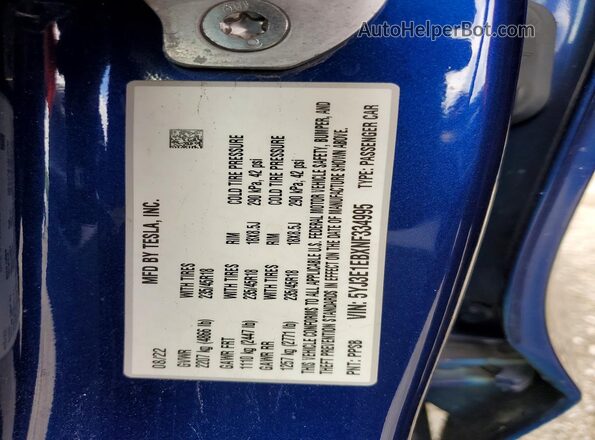 5YJ3E1EBXNF334995 2022 TESLA MODEL Blue Вид наклейки з VIN-кодом