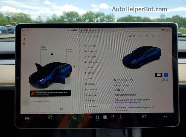 5YJ3E1EBXNF334995 2022 TESLA MODEL Blue Вид щитка приладів